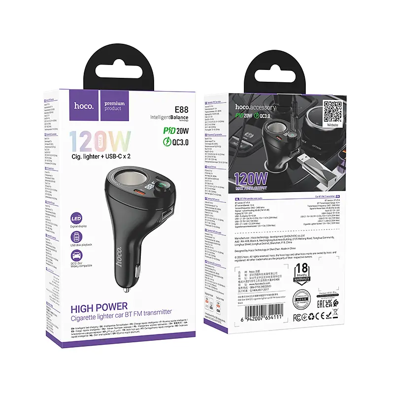 АЗП з FM-модулятором HOCO E88 Star 35W(2C) cigarette lighter car BT FM transmitter Black - фото 2