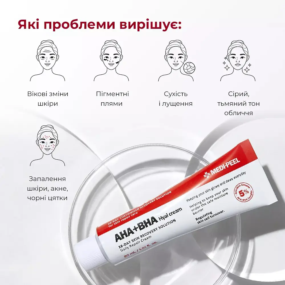 Крем-пілінг для обличчя  Medi-Peel AHA BHA 28 Days Hyal Cream відновлювальний з кислотами та пептидами 30 мл - фото 5