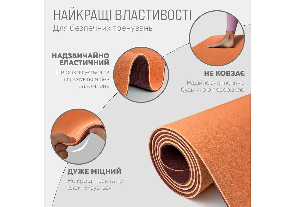 Килимок для йоги та фітнесу EasyFit TPE+TC 6 мм двошаровий персиковий-коричневий (EF-1924-PHBN) - фото 3