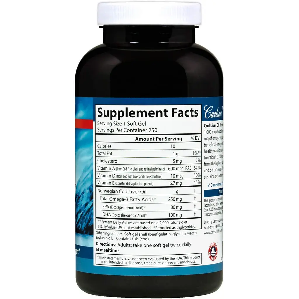 Жир з печінки тріски Carlson Cod Liver Oil 1000 мг 250 капс - фото 2