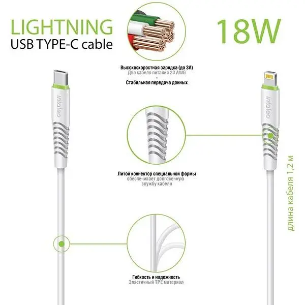 Кабель Intaleo CBFLEXTL1 Type-C to Lightning 1.2м 18W White - фото 2