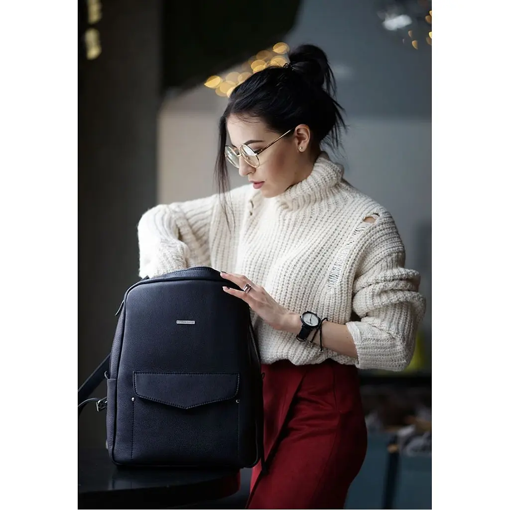 Кожаный женский городской рюкзак на молнии Cooper темно-синий - фото 9