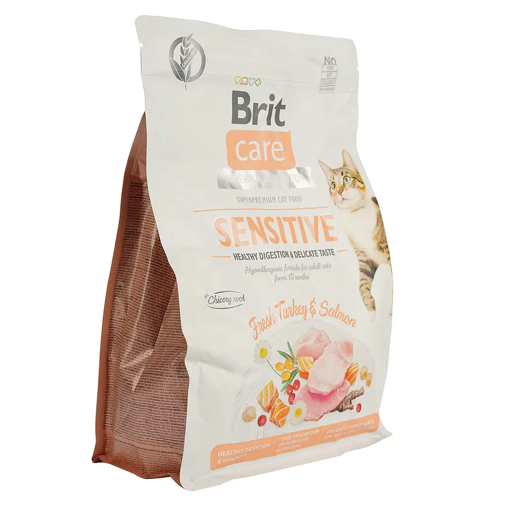 Сухой корм для кошек с чувствительным пищеварением Brit Care Cat GF Sensitive Digestion&Delicate Taste со свежей индейкой и лососем 2 кг - фото 3