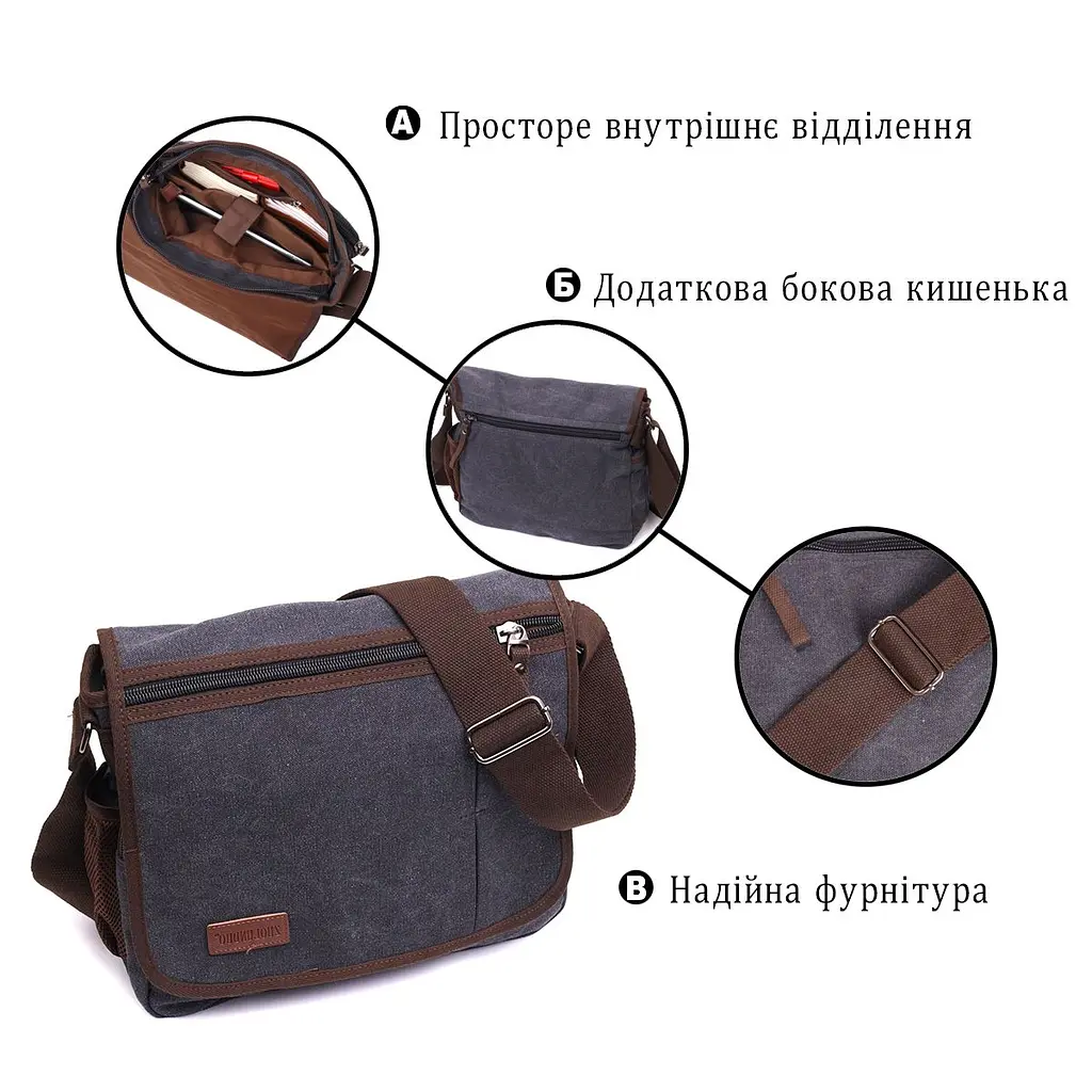 Сумка через плече для ноутбука 13" із щільного текстилю Vintage 22200 чорний - фото 4