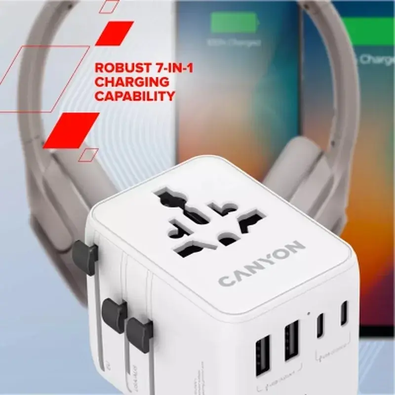 Зарядний пристрій Canyon OnTour 70 3xUSB-C + 2xUSB-A EU/UK/US/AUS 70W White (CNS-TA70W1006W) - фото 7