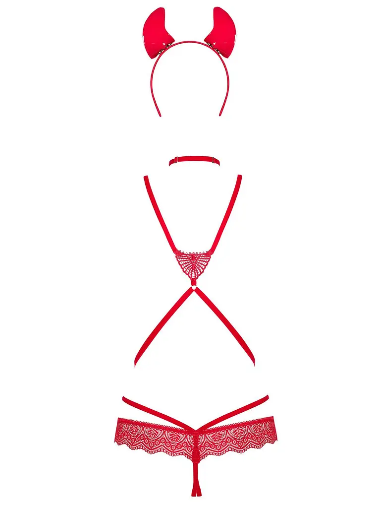 Еротичний костюм чортика зі стреп Obsessive Evilia teddy red L/XL - фото 6