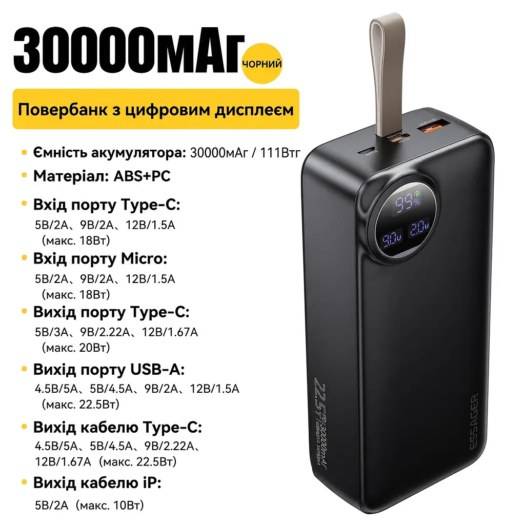 Павербанк Essager Heteromypil 30000 mAh 22.5W (ES-D016), чорний - фото 8