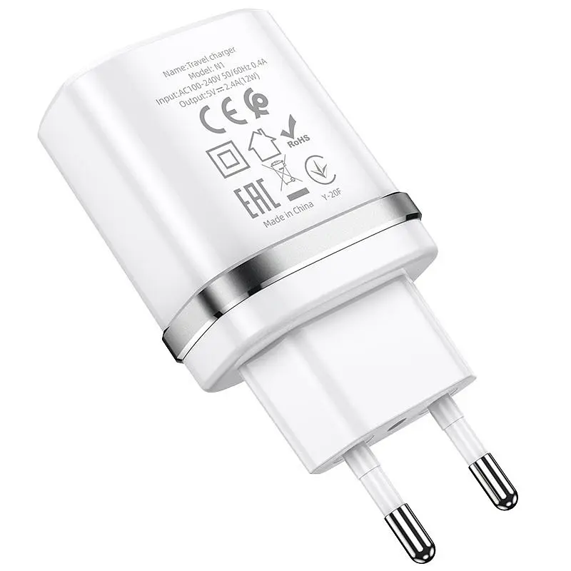 Мережевий зарядний пристрій Hoco N1, 12W 2.4 A з USB-роз'ємом і кабелем Type-C у комплекті білий - фото 4