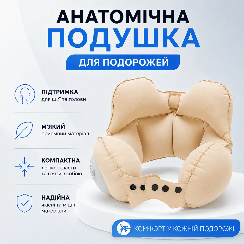 Анатомічна надувна подушка для шиї (кремова) для подорожей, літака, автомобіля, автобуса та потяга - фото 3