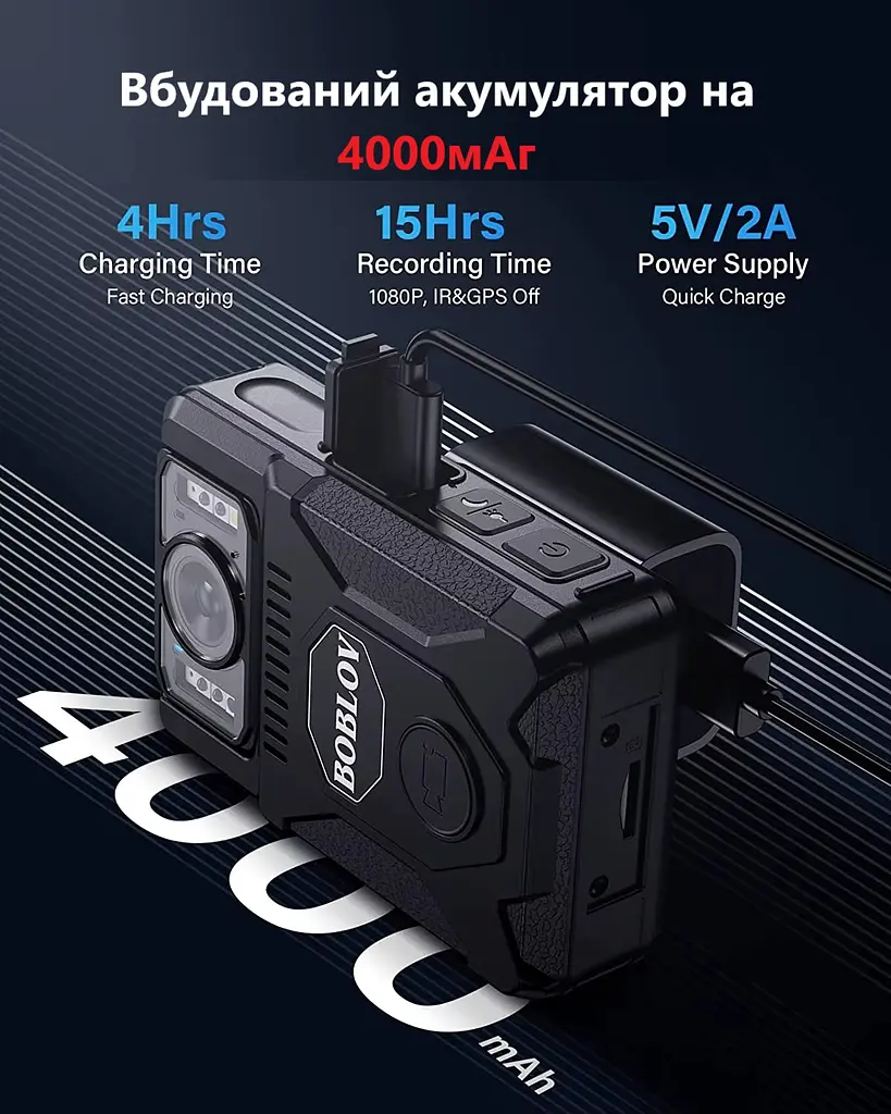Нагрудна боді-камера Boblov M7 пам'ять 128Гб з дисплеєм 2.0 дюйма GPS нічний запис датчик руху акумулятор 4000 мА·год - фото 3