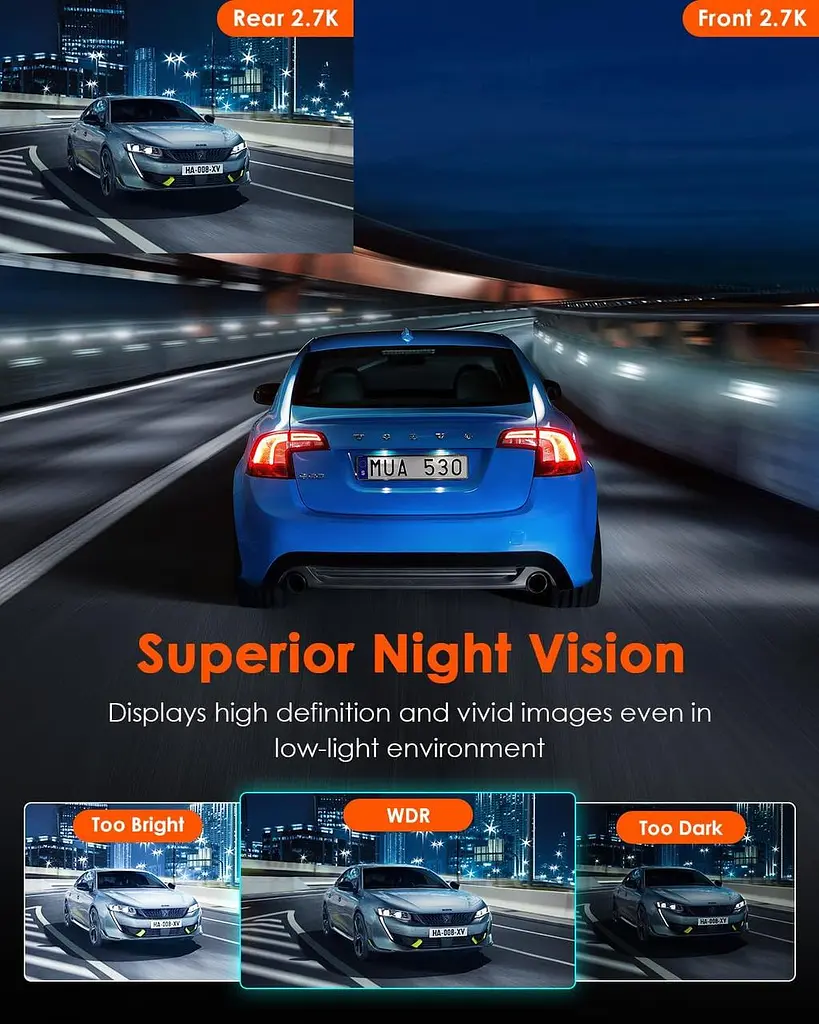 VANTRUE E2 Dash Cam Передняя и задняя камера с голосовым управлением, двойная 2.7K видеорегистратор, Wi-Fi, GPS - фото 3