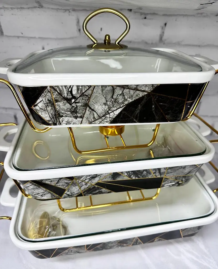 Набір з 3-х мармітів керамічних прямокутних Kitchen з кришками із скла Вітраж Золотий - фото 2