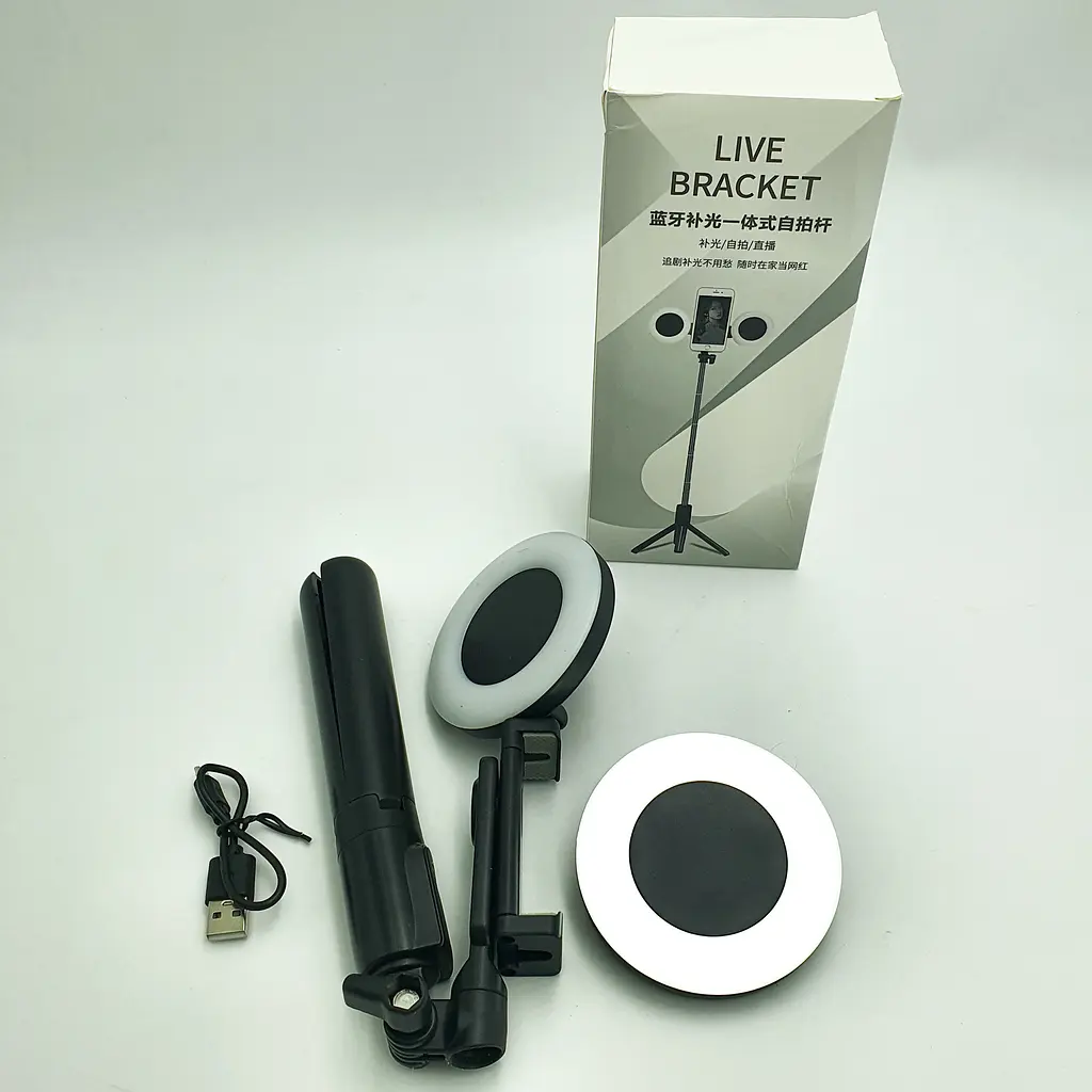 Монопод штатив для селфі Bluetooth тринога 19-70 см з LED підсвічуванням 2x8см кільця LIVE BRACKET J861 чорний - фото 5