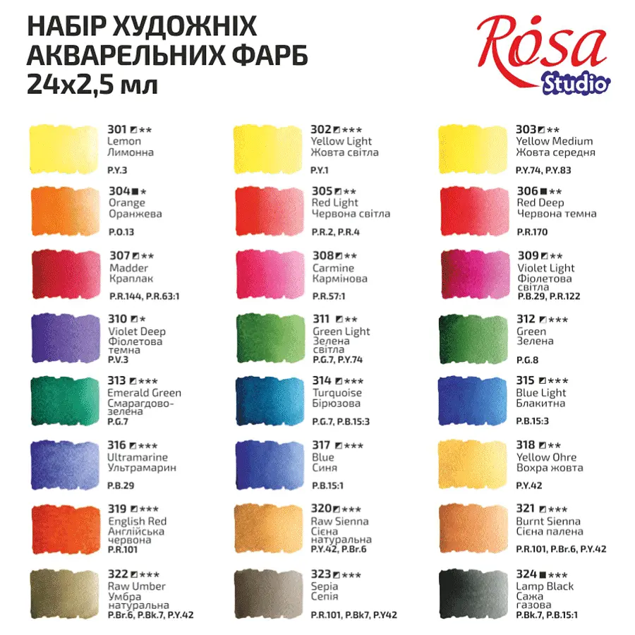 Набір акварельних фарб ROSA Studio картонний пенал 24 кол. х 2,5 мл кювета 340324 (4823098518037) - фото 5