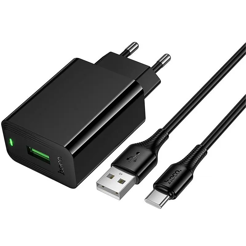 Мережевний зарядний пристрій Hoco CS92A Leader 18W+QC3.0 1USB-A + кабель USB to Type-C Black - фото 2