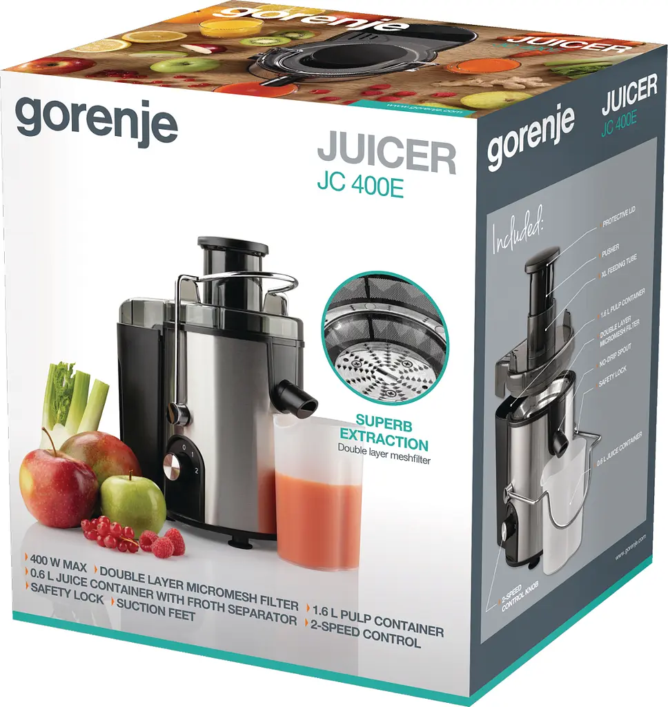 Gorenje Соковитискач відцентрований 400Вт, чаша-0.6л, жмих-1.6л, жолоб на ціле яблуко, пластик/метал, чорний - фото 8