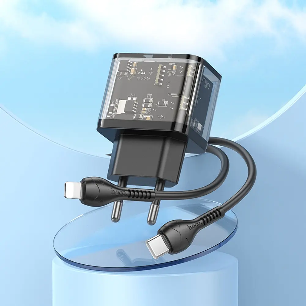 Зарядний пристрій Hoco N34 USB/ Type-C QC PD 20W прозоро-чорний + кабель Type-C to Lightning - фото 4