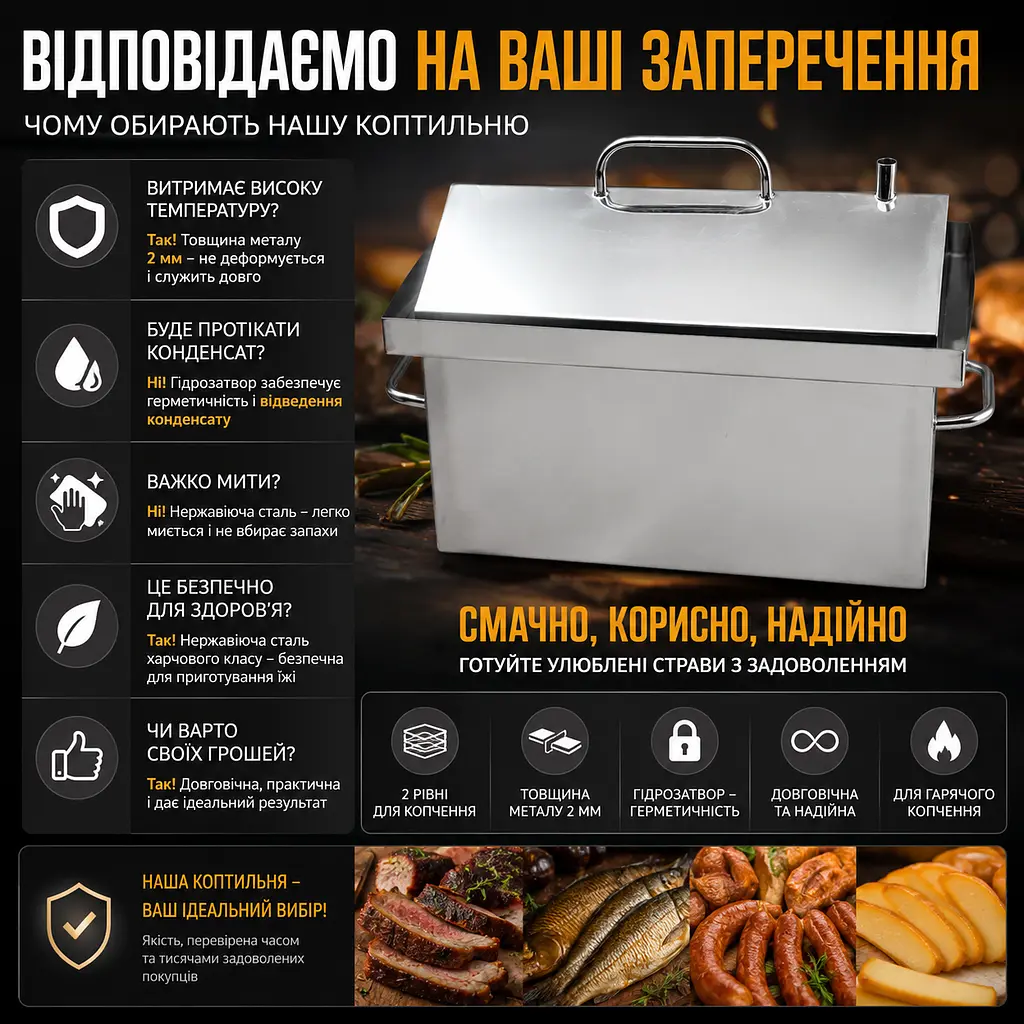 Коптильня гарячого копчення з нержавіючої сталі 2 мм з гідрозатвором 45х25х27 см - фото 3