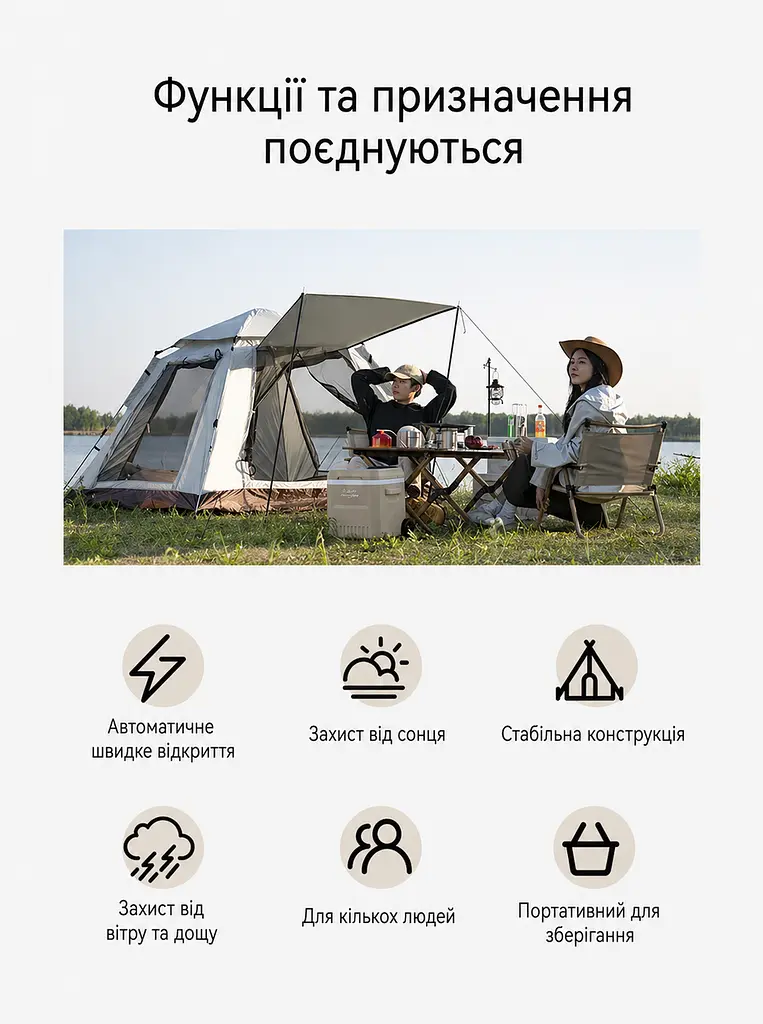 Намет туристичний автоматичний з тентом сірий 235 x 235 x 155 см 3-місний (49675861) - фото 4