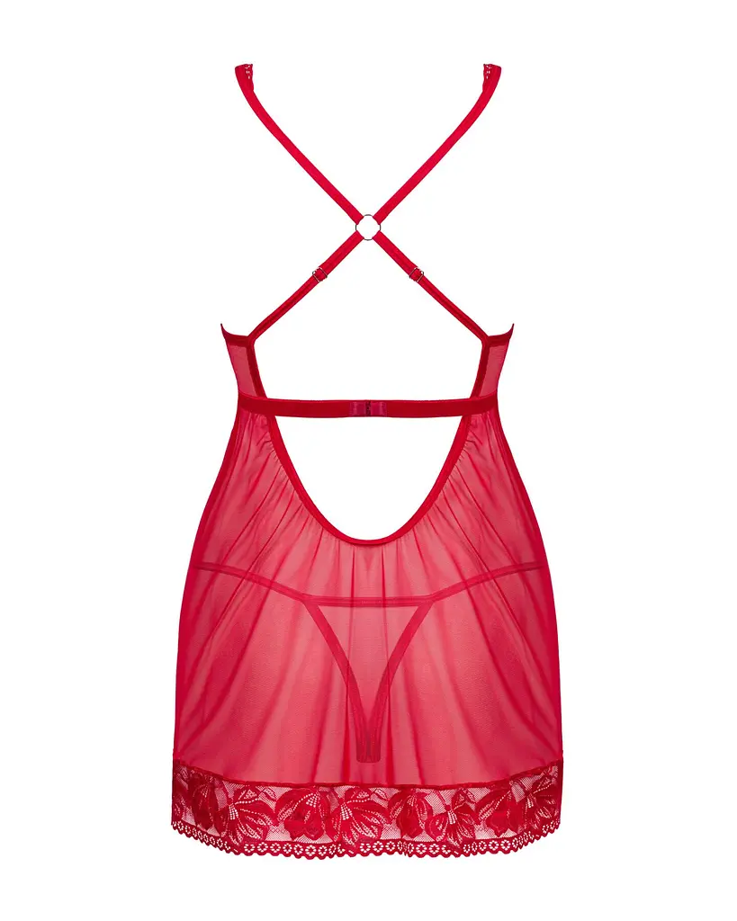 Прозора сорочка бебі-дол Obsessive Lacelove babydoll & thong XL/2XL Red, мереживо, стрінги - фото 4