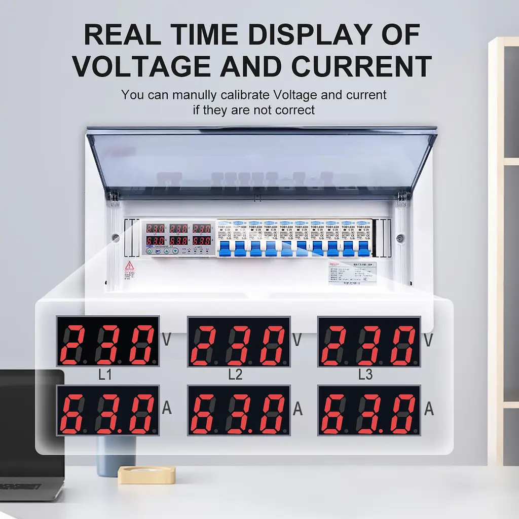 Цифрове реле контролю напруги та струму трифазне TOMZN TOVPD3-63VAS 63A 3x220V Розумний захисний автомат змінного струму (19600) - фото 7