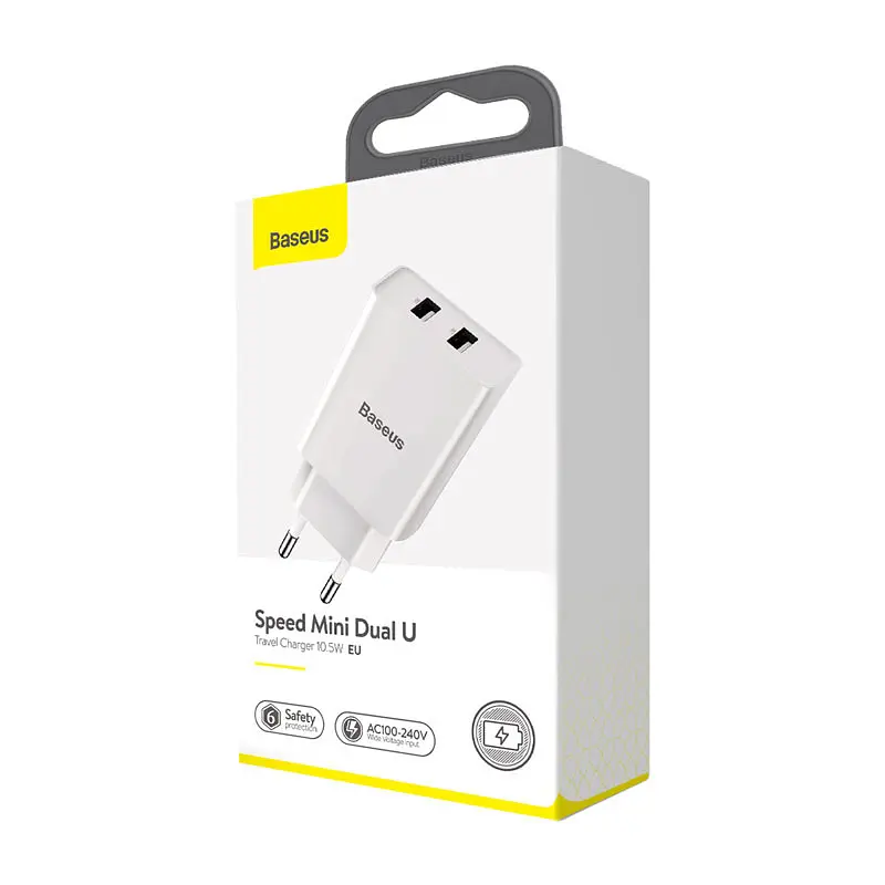 Адаптер мережевий BASEUS Speed Mini Dual U Charger 2USB вихода 10.5W біле (CCFS-R02) - фото 3
