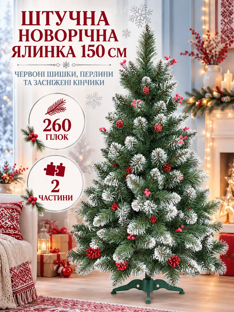 Ялинка штучна YaLINKA КК15 Адель 150 см, із шишками, червоними перлами та засніженими кінчиками, зелена (49676505) - фото 2