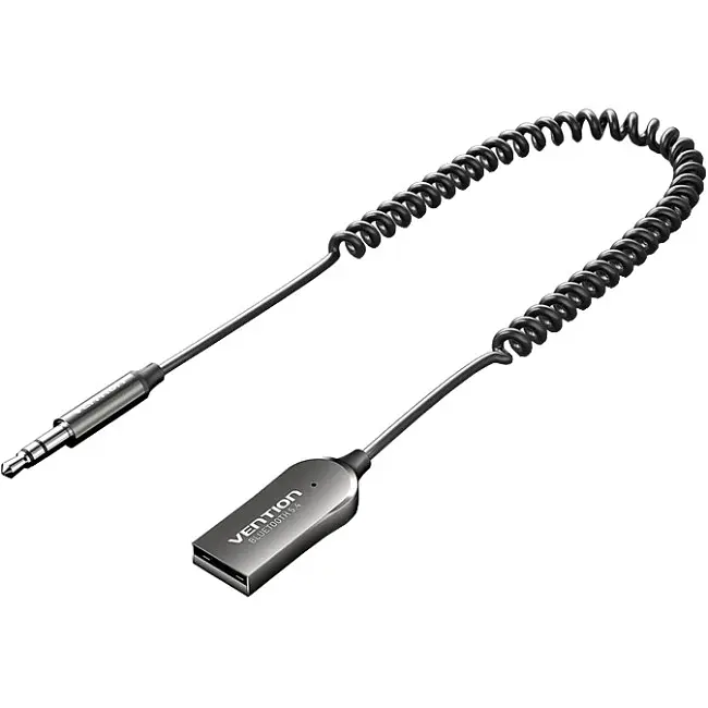 Автомобільний аудіоприймач Vention AUX TRS 3.5мм USB Bluetooth 5.4 Coiled Cable Zinc Alloy 1.5M Сірий (NAIHG)