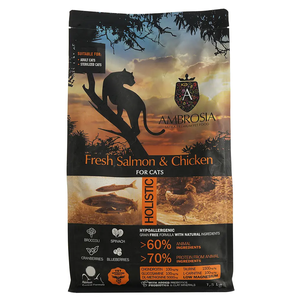 Сухий корм Ambrosia Grain Free Sterilized Cat Fresh Salmon & Chicken для стерилізованих котів зі свіжим лососем та куркою 1.5 кг - фото 2