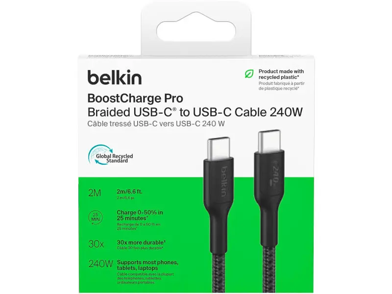 Кабель USB Type-C Belkin Boost Up Charge Pro Braided USB-C to USB-C 240W 2m Black (CAB025HQ2MBK) - фото 2