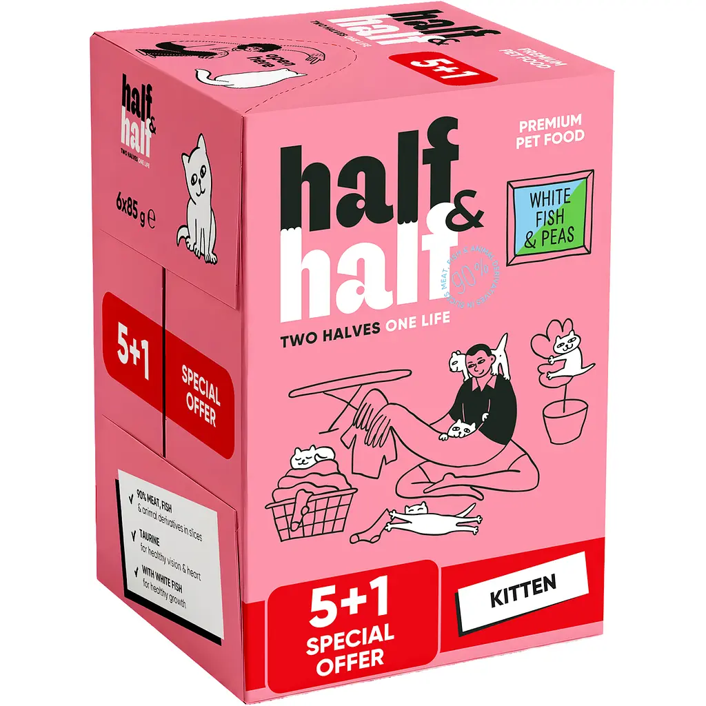 Набір вологих кормів 5+1 Half & Half з білою рибою та горохом в желе для кошенят 6 шт. х 85 г - фото 2