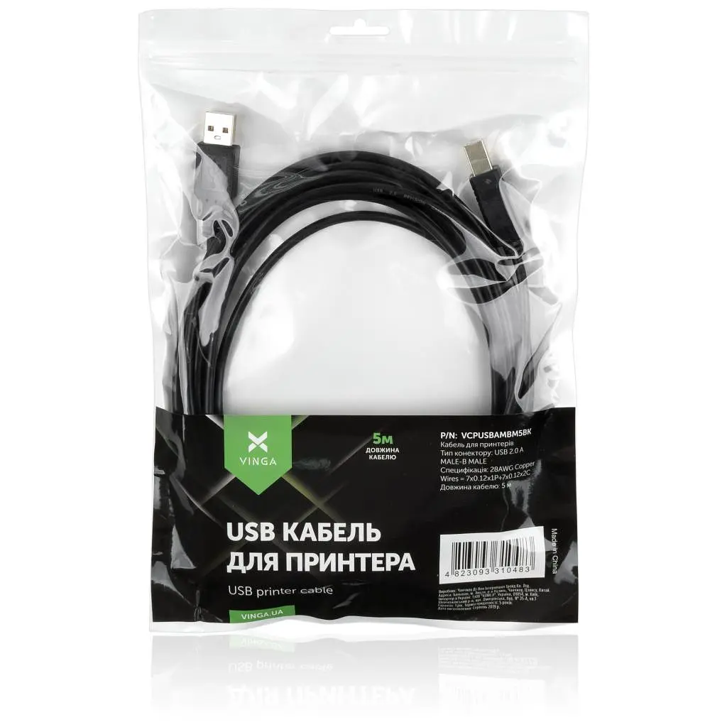 Кабель для принтера USB 2.0 AM/BM 5.0 m Vinga (VCPUSBAMBM5BK) - фото 4