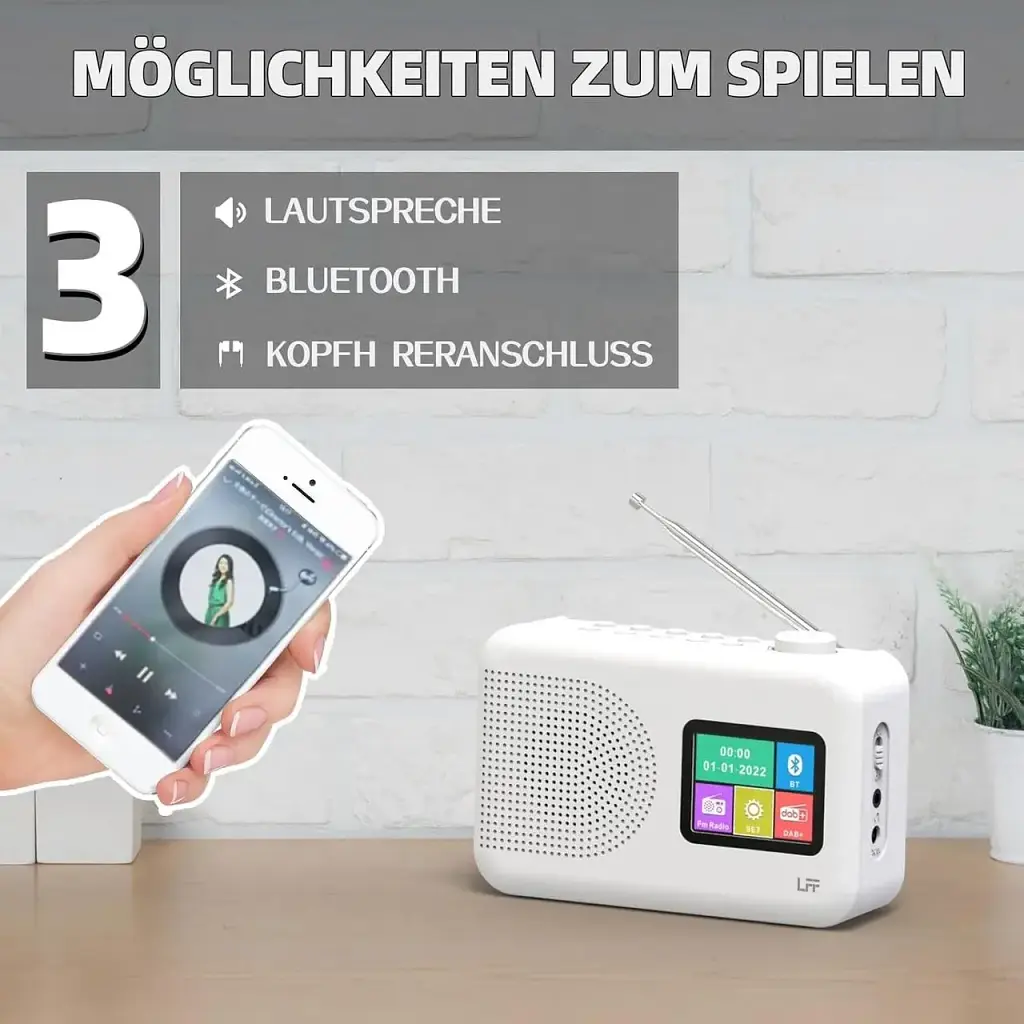 Цифрове DAB-радіо LFF з FM, Bluetooth, кольоровим дисплеєм, для кухні, працює від кабелю або батарейок - фото 3
