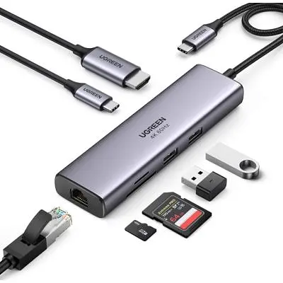 Концентратор Ugreen USB3.1 Type-C to HDMI/USB 3.0x2/RJ45/SD/TF/PD 100W CM512 (60515) - фото 2
