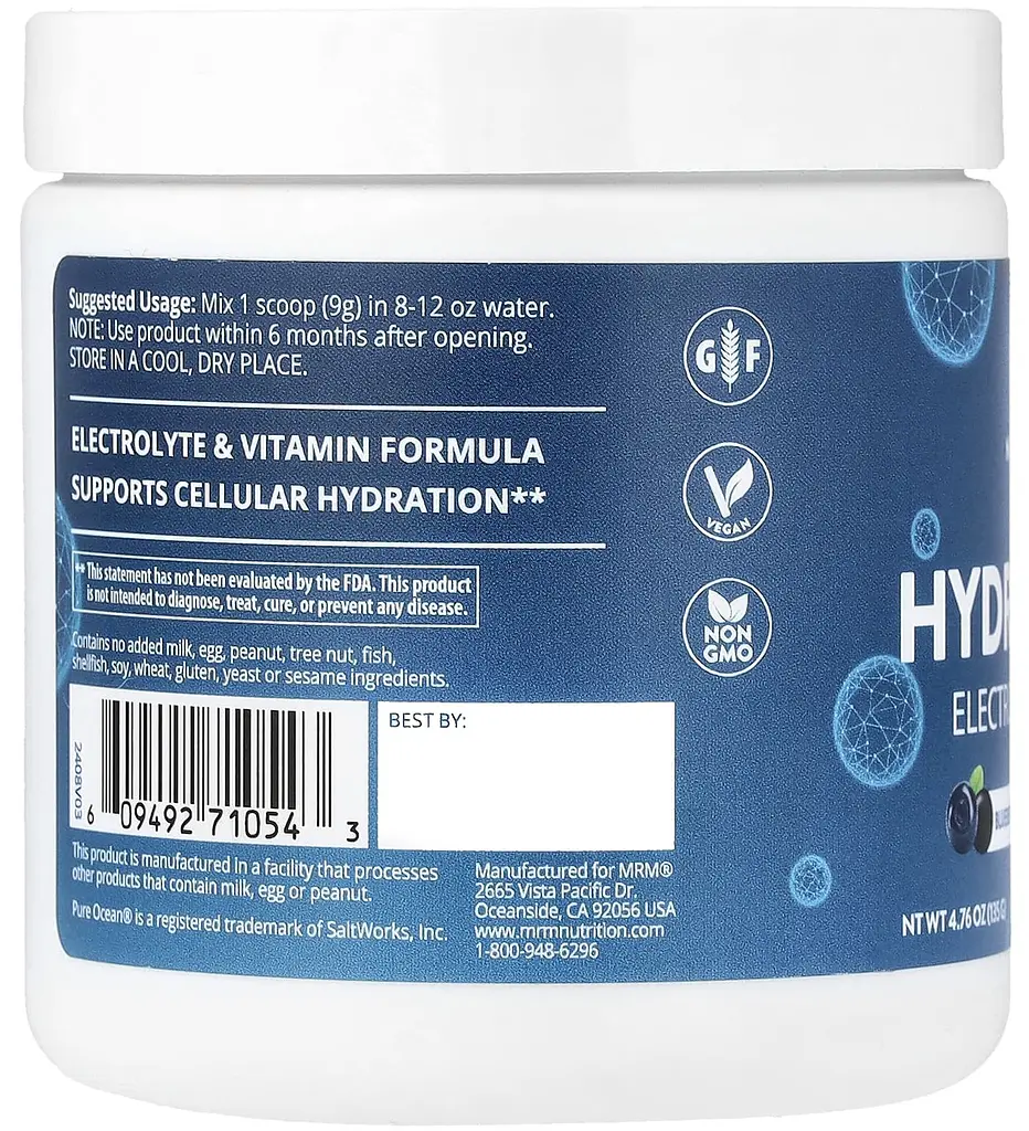 Електроліти Hydration+ для підтримки водного балансу лохина й асаї 135 г (4,76 унції) MRM Nutrition - фото 3