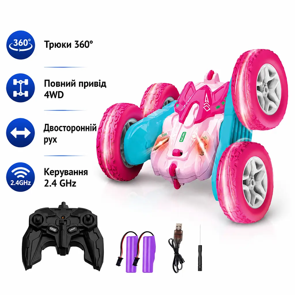 Перевертна трюкова машинка на радіокеруванні Seveclotree RC Stunt Car PHG4-13 360° обертання 4WD повнопривідна рожева (SKU-160) - фото 2
