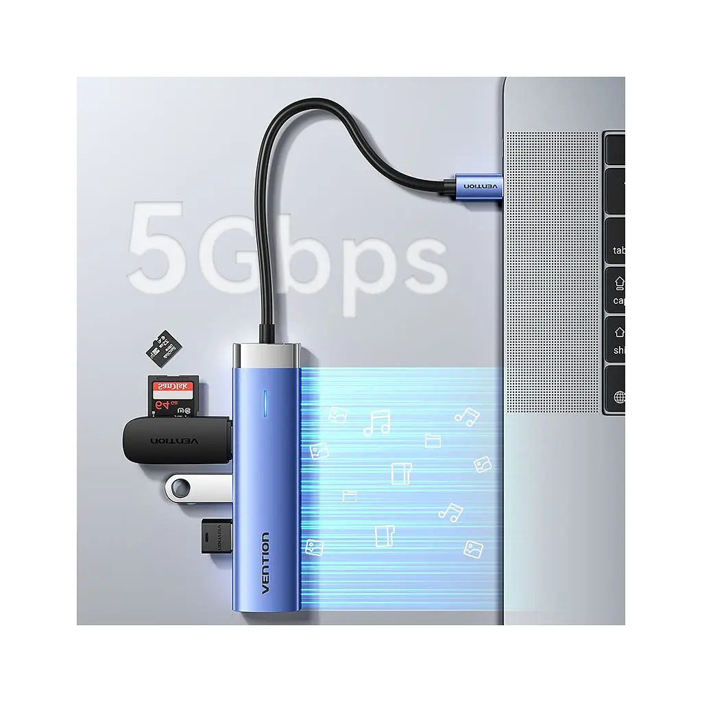 Концентратор Vention USB 3.1 Type-C to HDMI/USB 3.0x3/PD 100W Blue Aluminum Alloy Hub 5-in-1 (TGESB) - фото 6