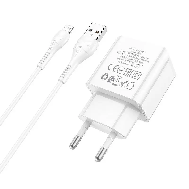 Комплект зарядного блока и кабеля Hoco Proton C98A Micro USB Cable 1USB 18W белый - фото 7