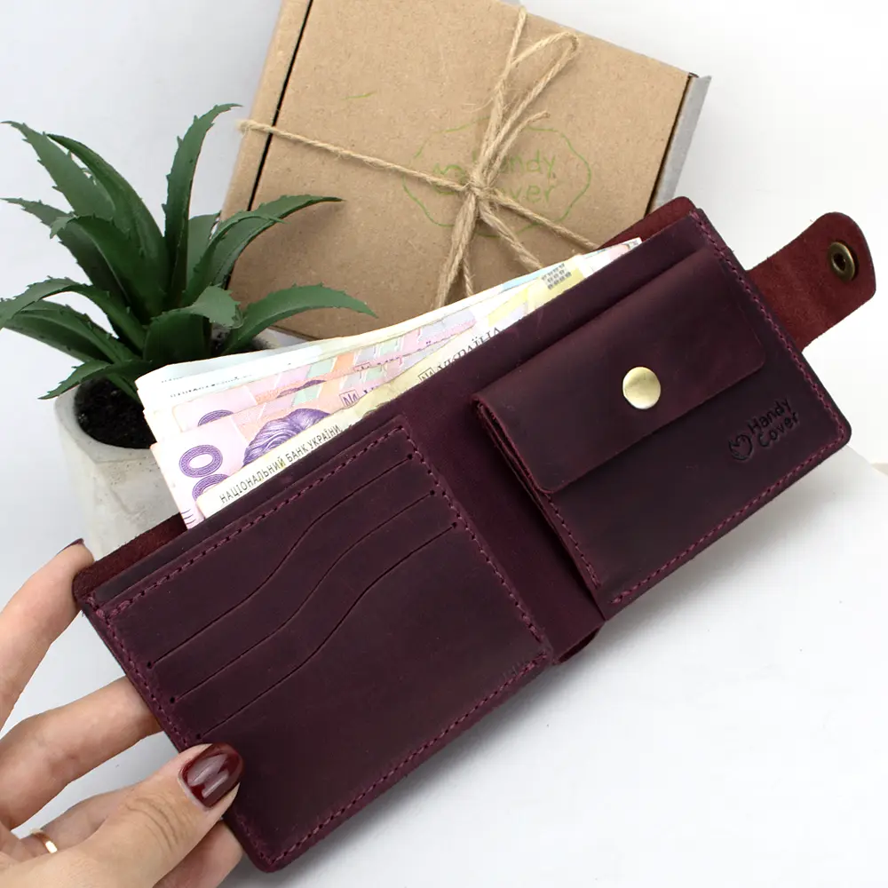 Портмоне мужское кожаное  на кнопке Handycover HC0028 бордовое - фото 2