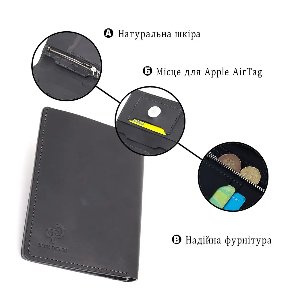 Добротне шкіряне портмоне з утримувачем для Apple AirTag Grande Pelle 11623 чорний - фото 7