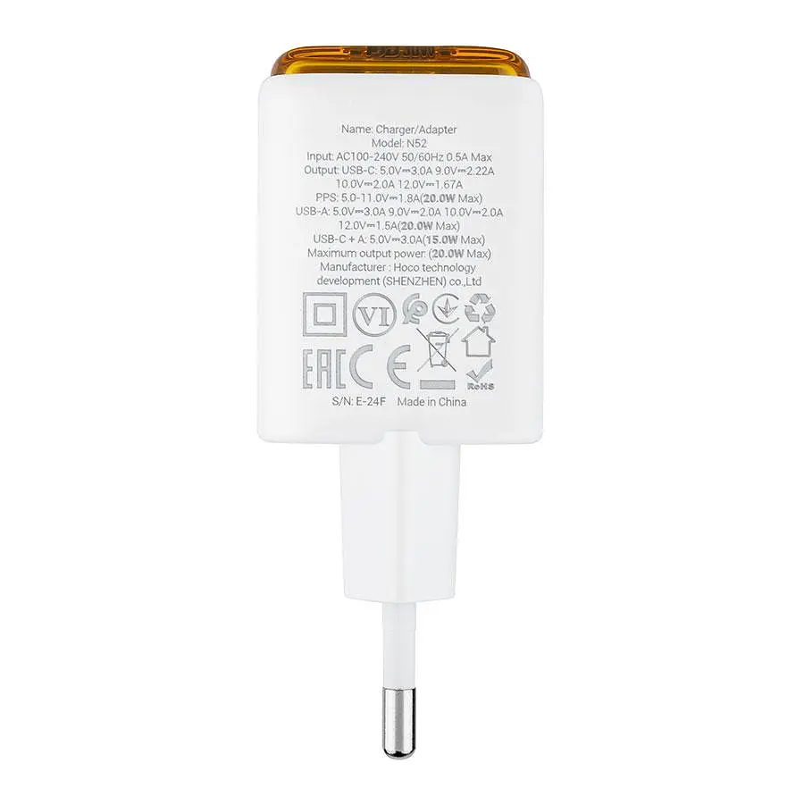 Мережевий зарядний пристрій HOCO N52 Monsoon PD20W+QC3.0 Білий (6942007630375) - фото 2