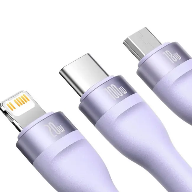 Кабель Baseus Flash Series Ⅱ 3-in-2 Cable USB+Type-C to MicroUSB+Lightning+Type-C 100W 1.2m CASS030105 Purple - фото 3