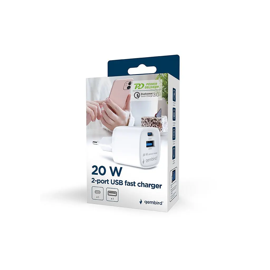 Зарядний пристрій Gembird 1xUSB-C PD20W + 1xUSB QC3.0 white (TA-UC-PDQC20-W-01) - фото 8