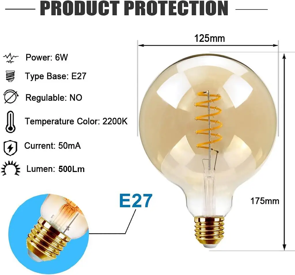 Вінтажна світлодіодна лампа EXTRASTAR, E27 Edison Screw 6W (еквівалент 42 Вт) G125 Великі глобусні світлодіодні спіральні лампи - фото 2