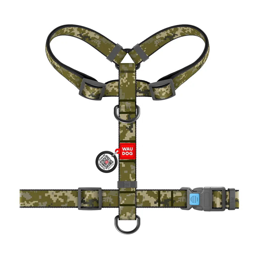 Шлея для собак Waudog Nylon, анатомічна, H-подібна, з QR паспортом, S, 30-40х30-50х1,5 см, Мілітарі - фото 2