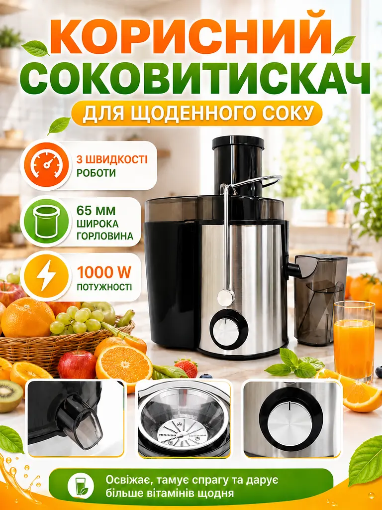 Соковитискач для фруктів та овочів 1000 W чорний з широкою горловиною 65 мм (49675913) - фото 6