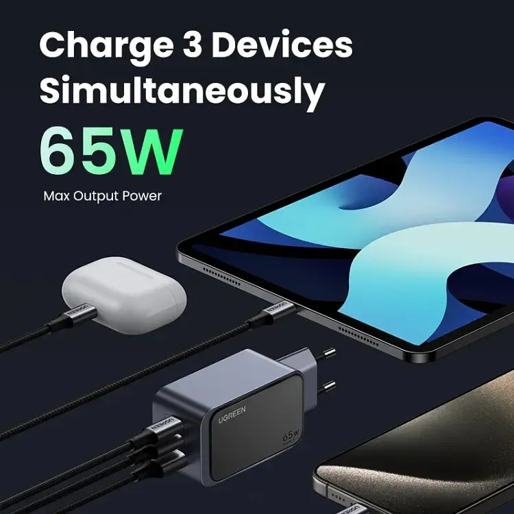 Зарядний пристрій 3xUSB 65W (2xUSB-C+USB-A) Gan Nexode Fast Charger Сірий X553 Ugreen - фото 4