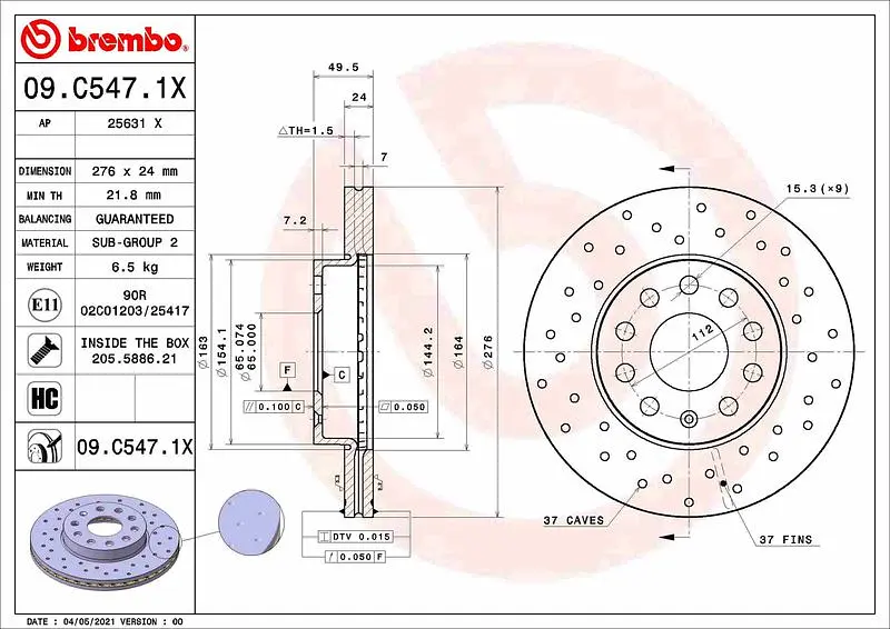 Диск гальмівний вентильований VW Golf VI-VII, Skoda Octavia III 08-22р Brembo (09.C547.1X) - фото 2