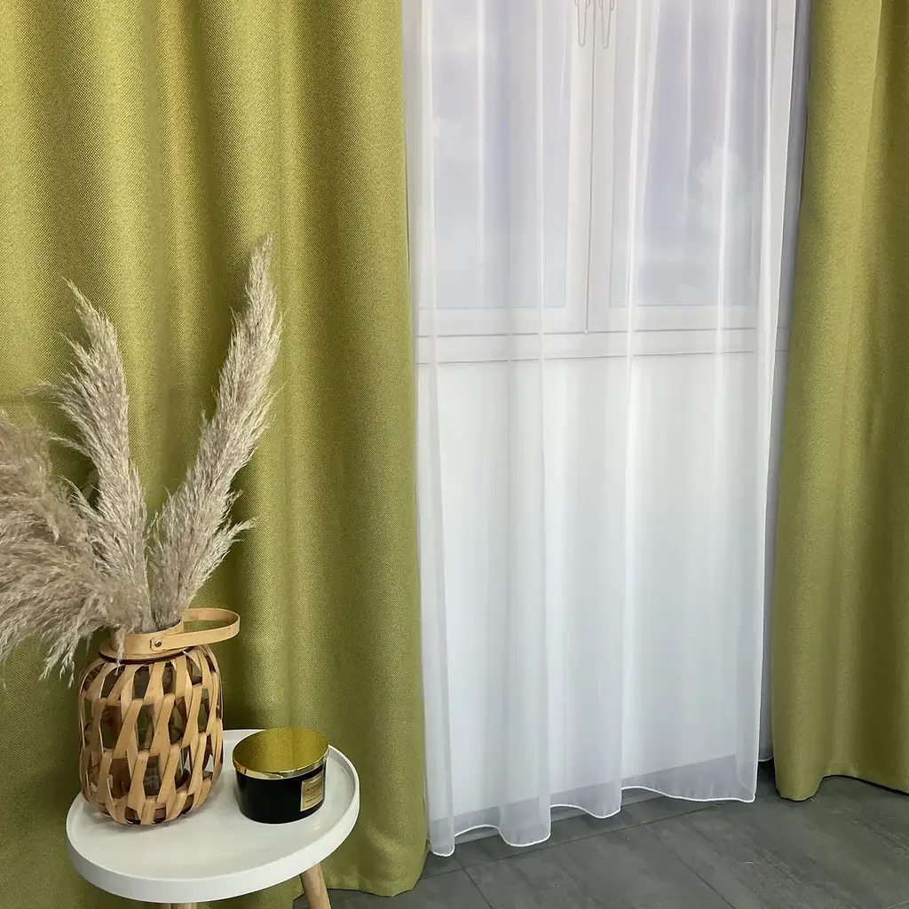 Льняні блекаут штори оливкового кольору 2шт. 150х270 з білим шифоновим тюлем 400х270, на тасьмі ALBO pbe0052634 - фото 7