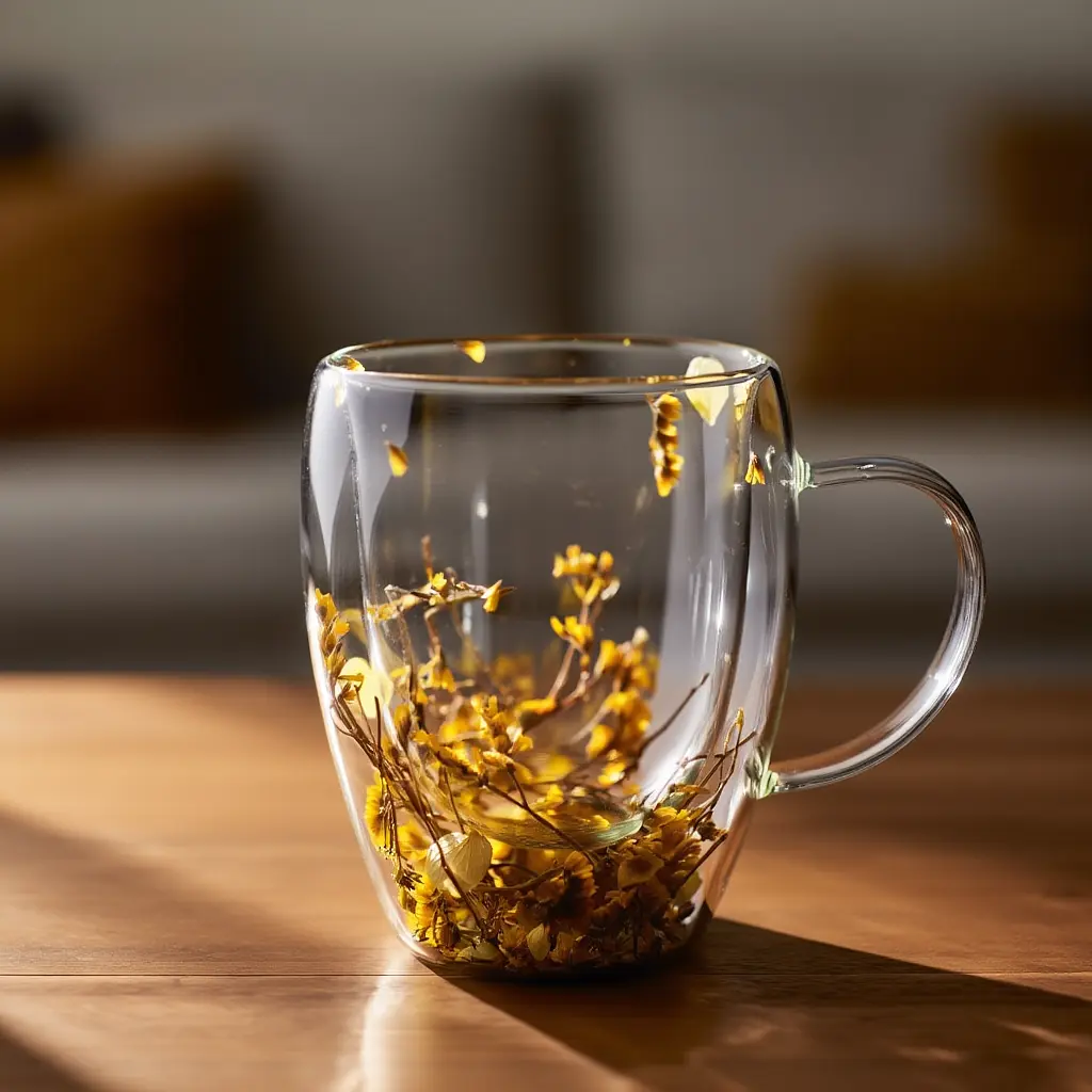 Чашка стеклянная с двойными стенками с декором желтых сухоцветов 350 мл Желтый Yiwu 64486-43 - фото 3